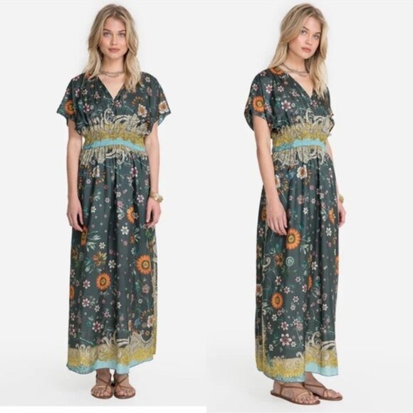 NWT Johnny Was Baize Silk Maxi Floral Dress S Multi Slip Vneck Smocked Slit - Picture 1 of 13